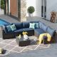 HOOOWOOO Messi Gray 7-Piece Wicker Outdoor Patio Conversation Sectional Sofa Set with Denim Blue Cushions HPO307DB