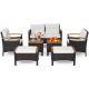ANGELES HOME 7-Piece Wicker Rattan Patio Conversation Set with Acacia Wood Tabletop and Off White Cushions 708CKHW450+