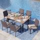 PHI VILLA Black 7-Piece Metal Patio Outdoor Dining Set with Wood-Look Rectangle Table and Rattan Chairs with Beige Cushion THD7-155-099