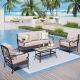 PHI VILLA Black Rattan 5 Seat 4-Piece Steel Outdoor Patio Conversation Set with Beige Cushions and Table with Wood-Grain Top D-C-PV416NTTRF