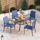 PHI VILLA Black 5-Piece Metal Wood-Look Square Table Outdoor Patio Dining Set with Blue Textilene Chairs THD5-0605-154B