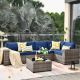OVIOS Marvel Gray 6-Piece Wicker Wide Arm Patio Conversation Set with Navy Blue Cushions MBR706