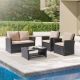 Sonkuki Outdoor Furniture 4-Piece Conversation Set with Coffee Table and Loveseat, brown rattan and sand cushions R-SHA-600BSD
