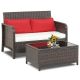 Gymax 2-Piece Patio PE Wicker Rattan Loveseat Sofa Set with Coffee Table and Red and Off White Cushions GYM11149