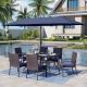 PHI VILLA Black 8-Piece Metal Patio Outdoor Dining Set with Umbrella and Rattan Chair with Blue Cushion THD8-326-9810Z