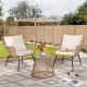 FINCATI 3 Piece Boho Natural Wicker Oversized Patio Outdoor Conversation Chair Set with Glass Table and Beige Cushions HD-W40040990