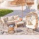 FINCATI 4 Pieces Boho Beige Wicker Patio Conversation Sofa Set with Ice Bucket Egg Chair with Beige Cushions HD-LDN