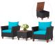 Costway 3-Pieces Patio Rattan Furniture Set Cushioned Sofa Storage Table Wood Top Turquoise QD-70614-AS1