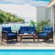 Harper & Bright Designs Brown 4-Piece Wood and Wicker Patio Conversation Set with Blue Cushions and Table Cover HZZ004AAC