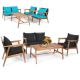 Gymax 4-Pieces Patio Conversation Set Wood Frame Furniture Set with Turquoise and Black Cushions GYM11195