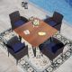 PHI VILLA Black 5-Piece Metal Patio Outdoor Dining Set with Wood-Look Square Table and Rattan Steel Patio Chairs with Blue Cushion THD5-456-097