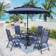 PHI VILLA Black 6-Piece Metal Patio Outdoor Dining Set with Blue Folding Reclining Sling Chairs and Navy Blue Umbrella THD6-723BL6019Z