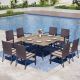 PHI VILLA Black 9-Piece Metal Square Patio Outdoor Dining Set with Wood Finish Slat Table and Rattan Chairs with Beige Cushion THD9-459-099