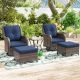 JOYSIDE 5-Piece Wicker Patio Outdoor Conversation Rocking Chair Set with Blue Cushions M01M74-BLU-THD