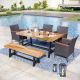 PHI VILLA Black 6-Piece Metal Patio Acacia Wood Outdoor Dining Set with Rectangular Table, 4 Rattan Chairs and Long Bench HD-S6-201004