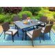 PHI VILLA Black 7-Piece Metal Slat Rectangle Table Patio Outdoor Dining Set with Rattan Chairs with Beige Cushion HD-S7-448N