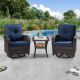 JOYSIDE 3-Pcs Dark Brown Wicker Outdoor Rocking Chair Patio Conversation Set Swivel Chairs with Blue Cushions and Table M65-BLU-THD