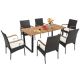 Costway 7 Piece Wicker Outdoor Dining Set Acacia Wood Table 6 Wicker Chairs with Umbrella Hole and White Cushions QD-708W-2+QD-708W-4-A+QD-7084-A0