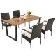 Costway 5 Piece Wicker Outdoor Dining Set Acacia Wood Table 6 Rattan Chairs with Umbrella Hole and White Cushions QD-708W-4-A+QD-7084-A0