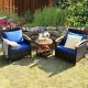 FORCLOVER 3-Pieces Wicker Patio Conversation Set with Washable Blue Cushion and Acacia Wood Tabletop CHY-226LB