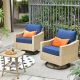 HOOOWOOO Oconee Beige 3-Piece Wicker Outdoor Patio Conversation Swivel Rocking Chair Set with Navy Blue Cushions YZ-DAR703