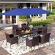 PHI VILLA Black 8-Piece Metal Patio Outdoor Dining Set with Rectangle Table, Blue Umbrella and Rattan Chairs with Blue Cushion THD8-326-097Z