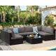 Cesicia Black Frame 7-Piece Wicker Patio Conversation Set with Grey Cushions Pillows and Glass Table 24mdc011011