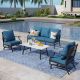 PHI VILLA Metal 5 Seat 4-Piece Steel Outdoor Patio Conversation Set Rocking Chairs, Peacock Blue Cushions, Marble Pattern Table DC4-GF1465152PB