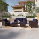 Sonkuki 5-Piece Brown Wicker Patio Sofa Set Outdoor Conversation Set with 3-Seat Sofa Ottomans, Navy Blue Cushions R-PS-135BNY