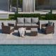 JOYESERY 5-Piece Brown Wicker Outdoor Conversation Seating Sofa Set, Linen Grey Cushions with 3-Seater Sofa, Ottomans J-135BLY