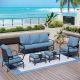 PHI VILLA Black 5-Piece Metal Slatted 7-Seat Outdoor Patio Conversation Set with Navy Blue Cushions and 2 Ottomans DC5-GF1424556NY