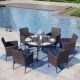 PHI VILLA Black 7-Piece Metal Patio Outdoor Dining Sets with Stamped Round Table and Rattan Chairs with Blue Cushion THD7-409B-097