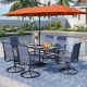 PHI VILLA Black 8-Piece Metal Rectangle Patio Outdoor Dining Set with Table, Umbrella and Textilene Swivel Chairs THD8-326-93BLR