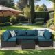 Cesicia Outdoor Dark Coffee 7-Piece Wicker Patio Conversation Set with Peacock Blue Cushions and Pillows 24Pcs020214