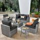 Toject Sanibel Gray 7-Piece Wicker Patio Conversation Sofa Sectional Set with a Swivel Chair and Black Cushions YZHOP100-7