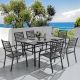 Nuu Garden Black 7-Piece Iron Outdoor Dining Set, 6 Chairs and Rectangle Dining Table with 1.57 in. Umbrella Hole SD1342-T3BK