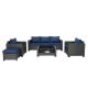 Sudzendf 7-Piece Dark Brown Wicker Patio Conversation Set, Sofa Set and Table with Dark Blue Cushions KIKIO203572