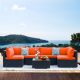 Cascia Black Frame 7-Piece Wicker Patio Conversation Set with Orange Cushions Pillows and Glass Table BS030507JK