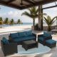 Sudzendf Dark Brown 7-Piece PE Rattan Wicker Patio Conversation Set with Glass Table and Peacock Blue Cushions 2943DBPB