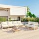 Harper & Bright Designs Modern 7-Piece White Metal Patio Conversation Set with Ivory Cushions and Coffee Table DT055AAK