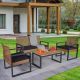 URTR 4-Piece Wicker & Metal Patio Conversation Set Outdoor Porch Garden Furniture Set With Table and Armchair, Black Cushion HY03277Y