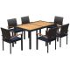 Outsunny Black 7-Piece Metal Wood PE Rattan Rectangle 29 in. Outdoor Dining Set with Dark Blue Cushions 861-095V00BK