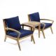 LuxenHome 3-Piece Wood Outdoor Dining Set Side Table and Set of 2-Armchairs with Blue Cushions WHOF1906-BL