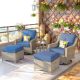 Toject Eureka Grey 5-Piece Modern Wicker Outdoor Patio Conversation Swivel Rocking Chair Seating Set with Blue Cushions YZ-PDA505
