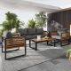 Tenleaf 4-Piece Black Metal Patio Conversation Set with Gray Cushions, Acacia Wood Tabletop FCBF12-726
