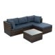 Sudzendf Brown 5-Piece Wicker Outdoor Patio Conversation Set With Tempered Glass Coffee Table and Navy Blue Cushions 3309W0021