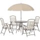 Zeus & Ruta Beige 6-Piece Metal Round Outdoor Dining Set with Umbrella and Four Folding Dining Chairs SETDINBE667