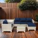 Runesay Beige 6-Piece Wicker Patio Conversation Set with Dark Blue Cushions OCS424Z01