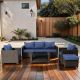 Unbranded 7-Piece Brown Wicker Patio Outdoor Conversation Set with Dark Blue Cushions, Loveseat, Coffee Table, and Storage Box QR-579