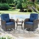 Gymojoy Annies Brown 3-Piece Wicker Patio Conversation Deep Seating Set Oudoor Swivel Rocking Chair with Blue Cushions GMR085-1